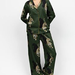Olive Leopard Print Wide Leg Pyjama Set Green