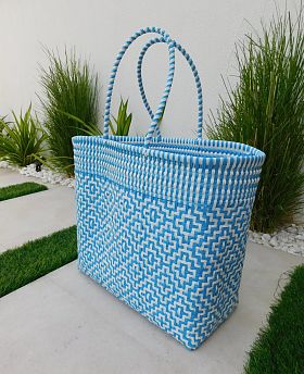 Blue & White Woven Beach Bag