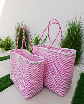 Pink & White Woven Beach Bag