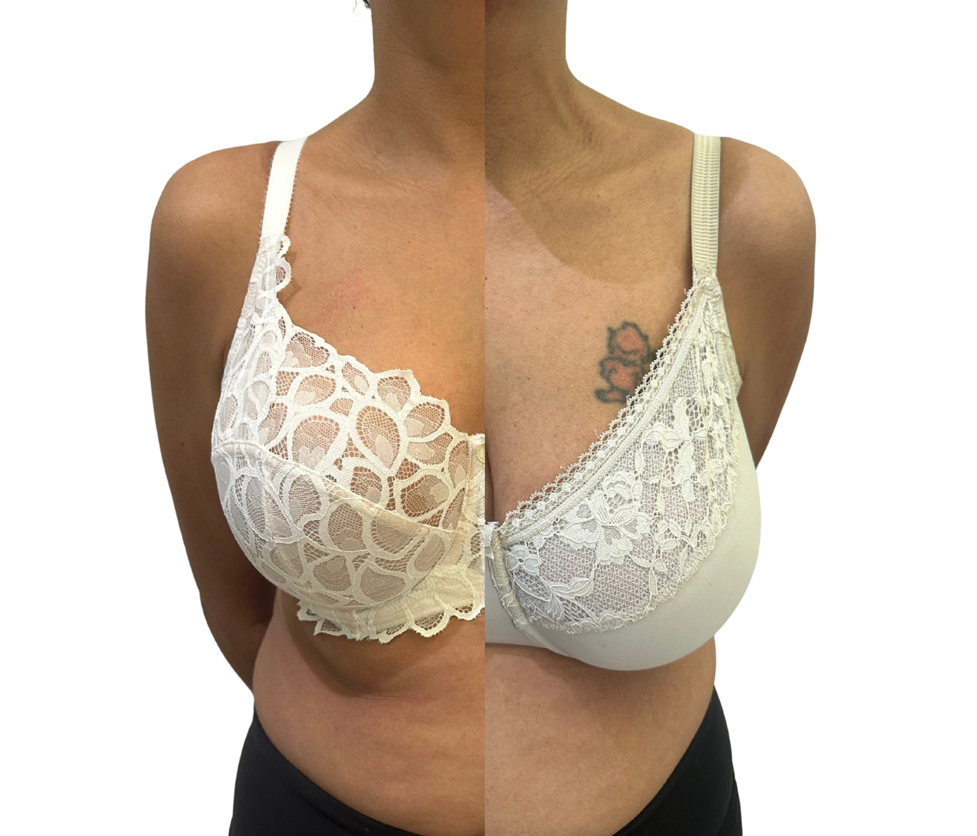 Customer comparing a poorly fitted bra with a properly fitted one